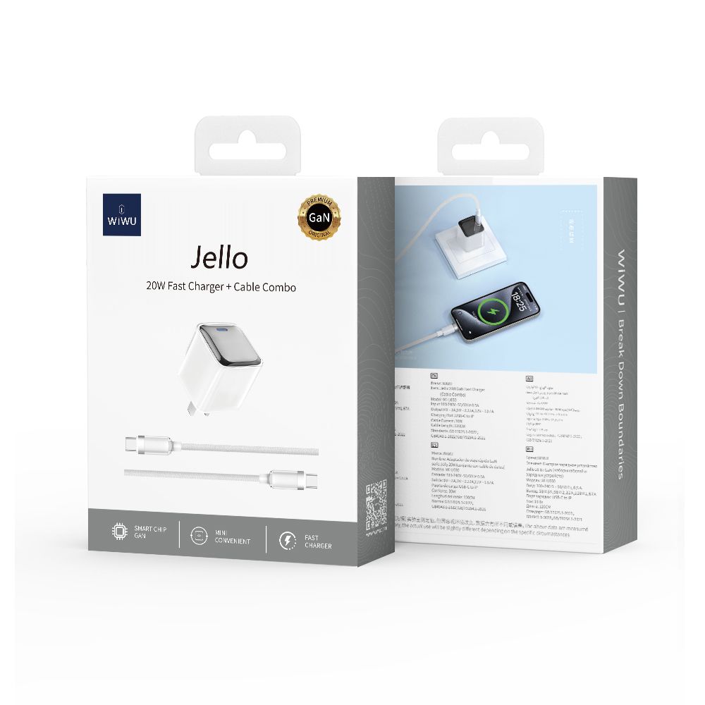 WiWU-Jello 20W GaN Fast Charger+ Cable Sets EU Plug+Type-C to Type-C Cable Wi-U030 EU C-C